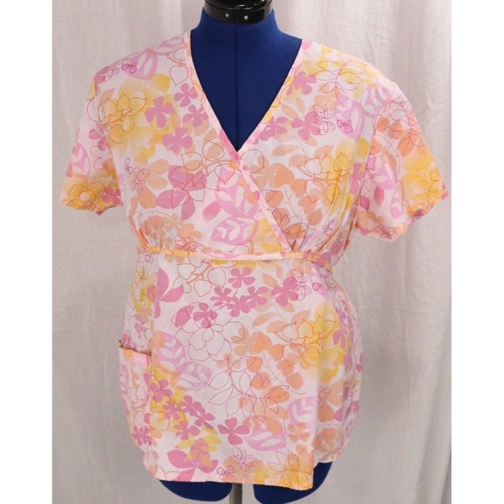 Landau Scrub Top Extra Large Pink Floral Medical Uniform XL Shirt V Neck Tied - Picture 1 of 12